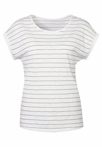 Camiseta blanca de manga corta con rayas marrones horizontales, escote redondeado y corte relajado. Textura suave con un acabado liso.