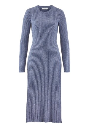 Rippstrickkleid mit langen Ärmeln in einem melierten Blauton. Verfügt über einen Rundhalsausschnitt und eine figurnahe Silhouette, die bis zur Mitte der Wade reicht.