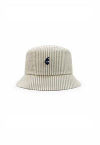 Kapelusz typu bucket w jasnym beżu z niebieskimi pionowymi paskami. Posiada wyszywane niebieskie logo z przodu. Wykonany z miękkiego, teksturowanego materiału.