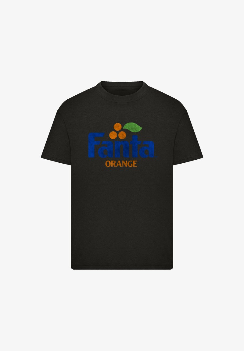 Black cotton t-shirt featuring a large, colorful "Fanta" logo in blue, orange, and green with orange circles and a leaf design.