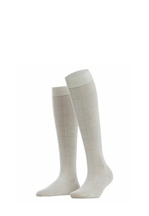 Lichtgekleurde knie-hoge sokken met een ruitpatroon, gemaakt van zacht, textuurmateriaal, met een gladde, geribbelde bovenband.