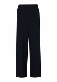 Pantalon noir taille haute à jambes larges avec pli sur le devant et détail bouton à la taille.