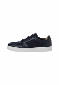 Navy sneaker featuring leather and mesh materials, round toe, flat white rubber sole, and traditional lace-up design.
