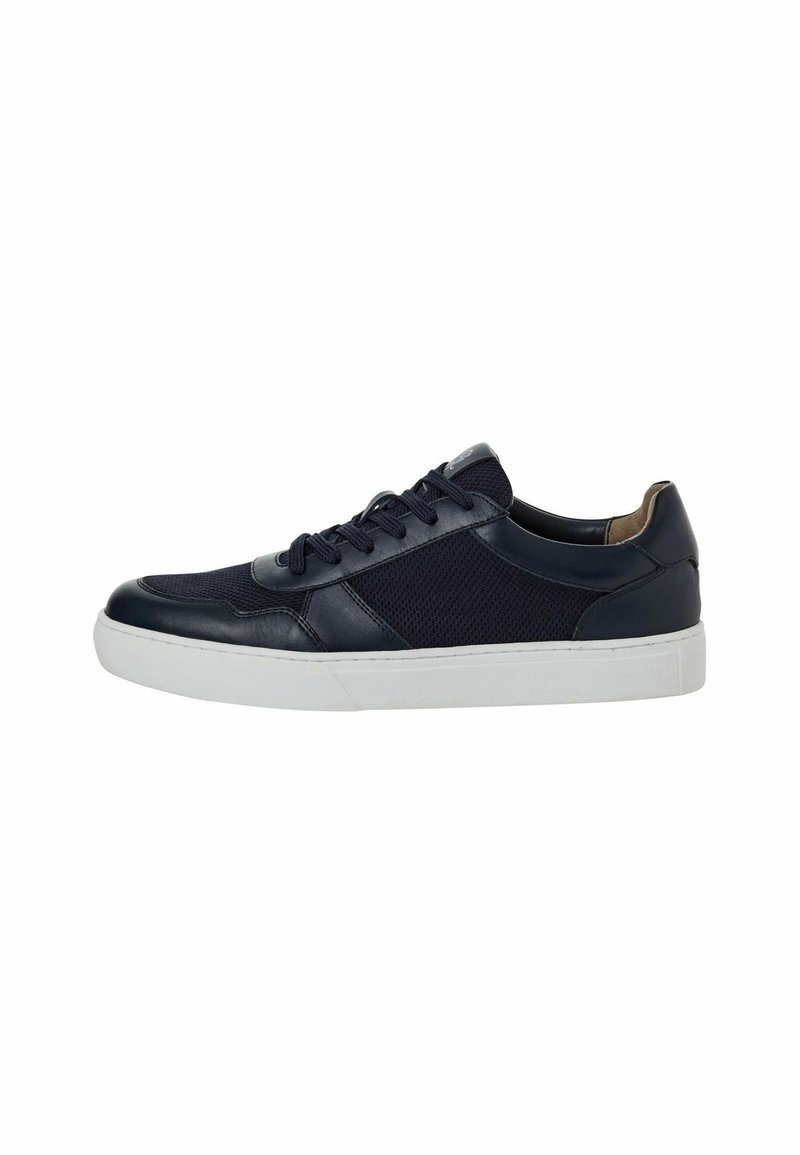 Navy sneaker featuring leather and mesh materials, round toe, flat white rubber sole, and traditional lace-up design.