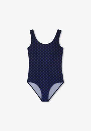 Costume da bagno blu navy con un motivo ripetuto in azzurro chiaro. Realizzato in materiale elastico, presenta spalline larghe e scollatura a barca.