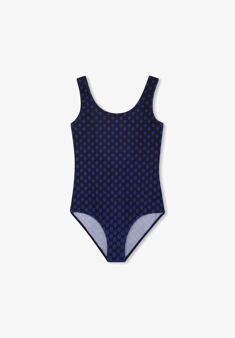 Fato de banho azul-marinho com um padrão repetido em azul-claro. Feito de material elástico, apresenta alças largas e um decote arredondado.
