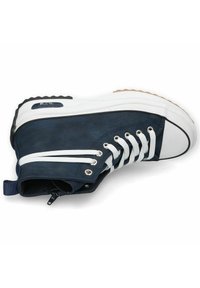 Navy blue high-top sneaker with white laces, rubber sole, and a side zipper. Accented by a white stripe and gum rubber outsole.