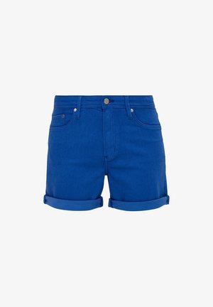Niebieskie szorty z denimu z podwiniętymi mankietami, przednim guzikiem, zamkiem błyskawicznym, szlufkami i designem z pięcioma kieszeniami, pokazane na białym tle.