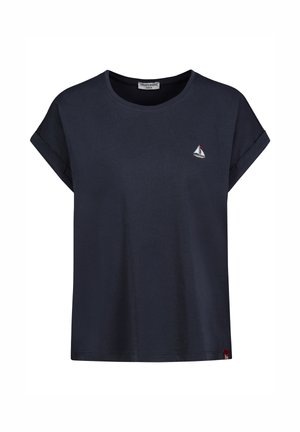 Navy blue short-sleeve T-shirt with rolled cuffs, small embroidered sailboat on left chest, and crew neckline.