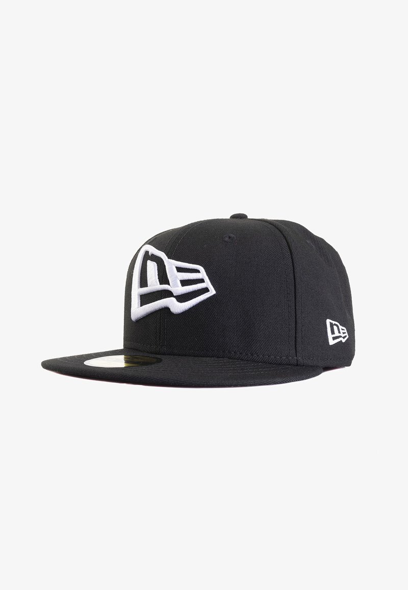 Black baseball cap made of fabric with a flat brim. Features a white embroidered logo on the front and a smaller logo on the side.