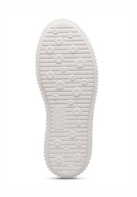 Soletta di sneaker in gomma bianca con motivi di trazione circolari e ovali, dotata di un bordo seghettato per una migliore aderenza. Nome del marchio impresso sul lato.