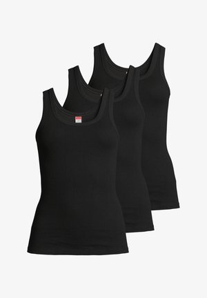 Drei schwarze, gerippte Tanktops mit breiten Trägern und einer figurnahen Passform, die über einen runden Halsausschnitt und eine weiche Textur verfügen.