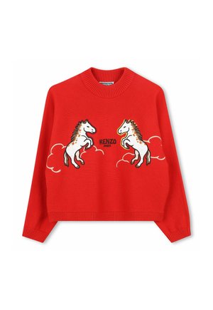 Jersey rojo de manga larga con cuello y puños acanalados, con dos caballos blancos saltando sobre nubes y el texto "KENZO PARIS" en el centro.