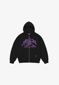 Zwarte zip-up hoodie met een paarse grafische print aan de voorkant. Voorzien van een capuchon met trekkoord en twee voorzakken. Zachte stoftextuur.