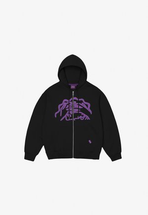 Black zip-up hoodie with a purple graphic design on the front. Features a drawstring hood and two front pockets. Soft fabric texture.