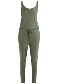 Combinaison vert olive avec bretelles spaghetti ajustables, un haut décontracté, une taille à cordon et des jambes ajustées longueur cheville. Tissu doux et lisse.