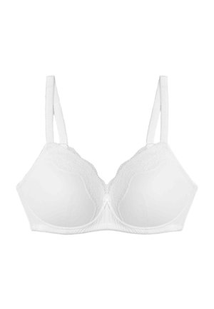 Hvid bh med glatte stofskåle, blonderkant langs toppen og justerbare stropper. Designet har en klassisk, formstøbt form for støtte.