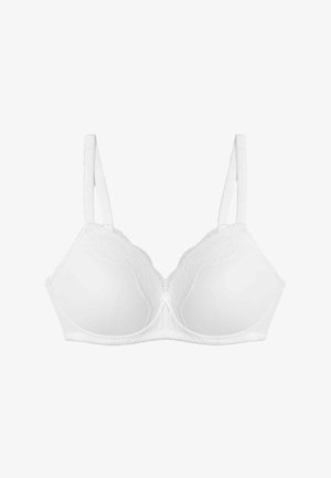 Sujetador blanco con copas de tela suave, ribete de encaje en la parte superior y tirantes ajustables. El diseño presenta una forma clásica moldeada para mayor soporte.