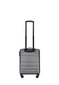 Gray hard-shell suitcase with a textured surface, telescopic handle, and four wheels. Features horizontal lines for design detail.