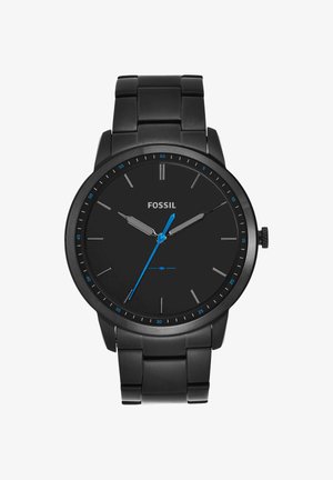 Sort Fossil armbåndsur med blå sekundviser, sølv time- og minutvisere og enkle time-markører på et sort metalarmbånd.