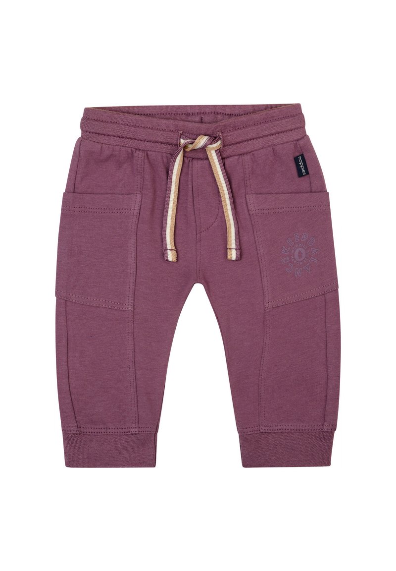 Bordeauxfarbene Jogginghose mit zwei Seitentaschen, elastischem Bündchen und Kordelzug. Mit einem Druckdesign am linken Oberschenkel. Weiches Baumwollmischmaterial.