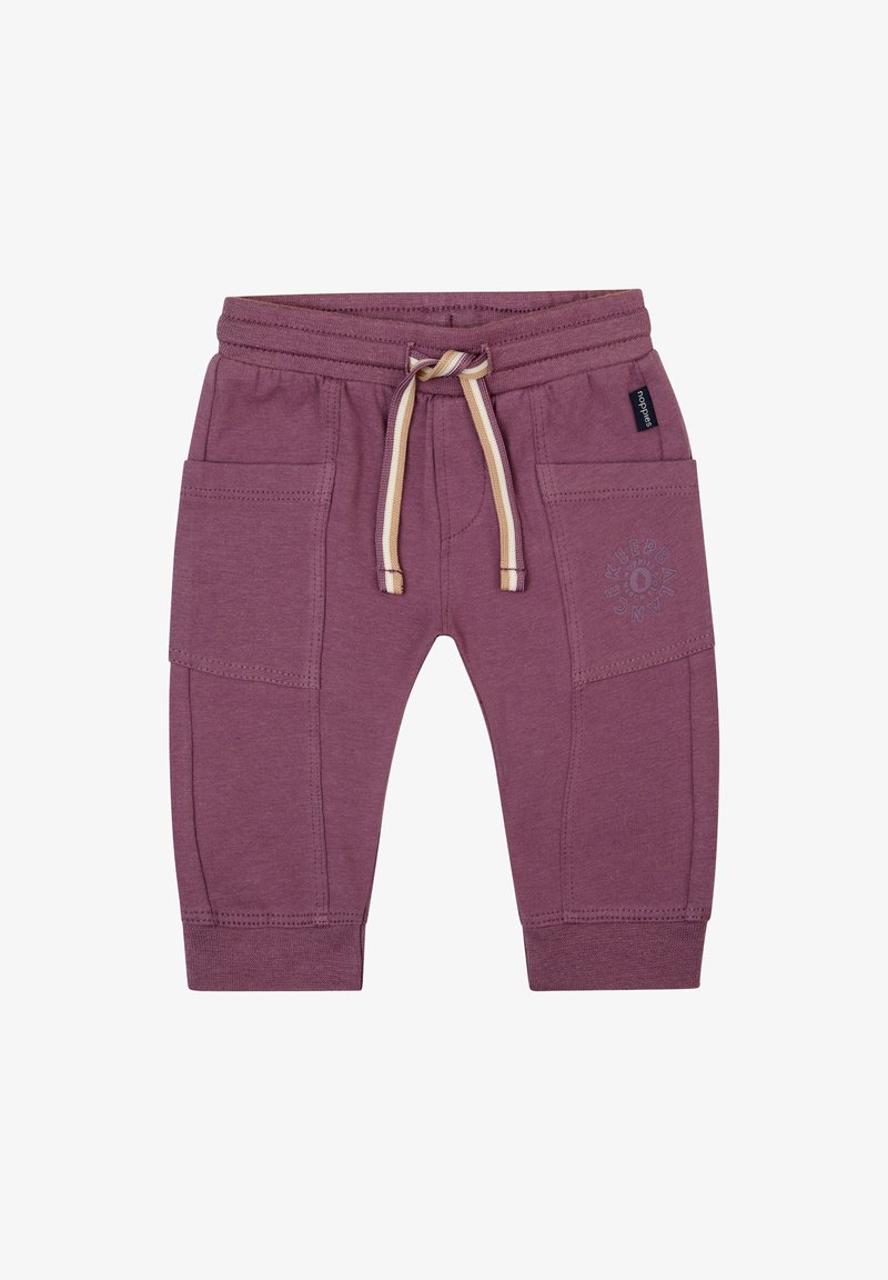 Maroon sweatpants with two side pockets, elastic waistband, and a drawstring. Features a printed design on the left thigh. Soft cotton blend material.