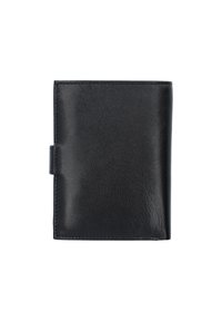 Czarny skórzany portfel o teksturowanym wykończeniu, prostokątnym kształcie i bocznym zapięciu. Gładka powierzchnia z subtelnymi detalami w postaci przeszyć.