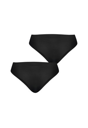 Zwei schlichte schwarze nahtlose Bikini-Slips, flach auf weißem Hintergrund gezeigt.