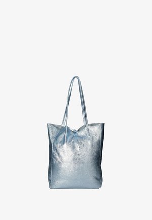 Borsa tote metallica blu con due spallacci, design spazioso e texture liscia e lucida. Presenta una chiusura superiore.