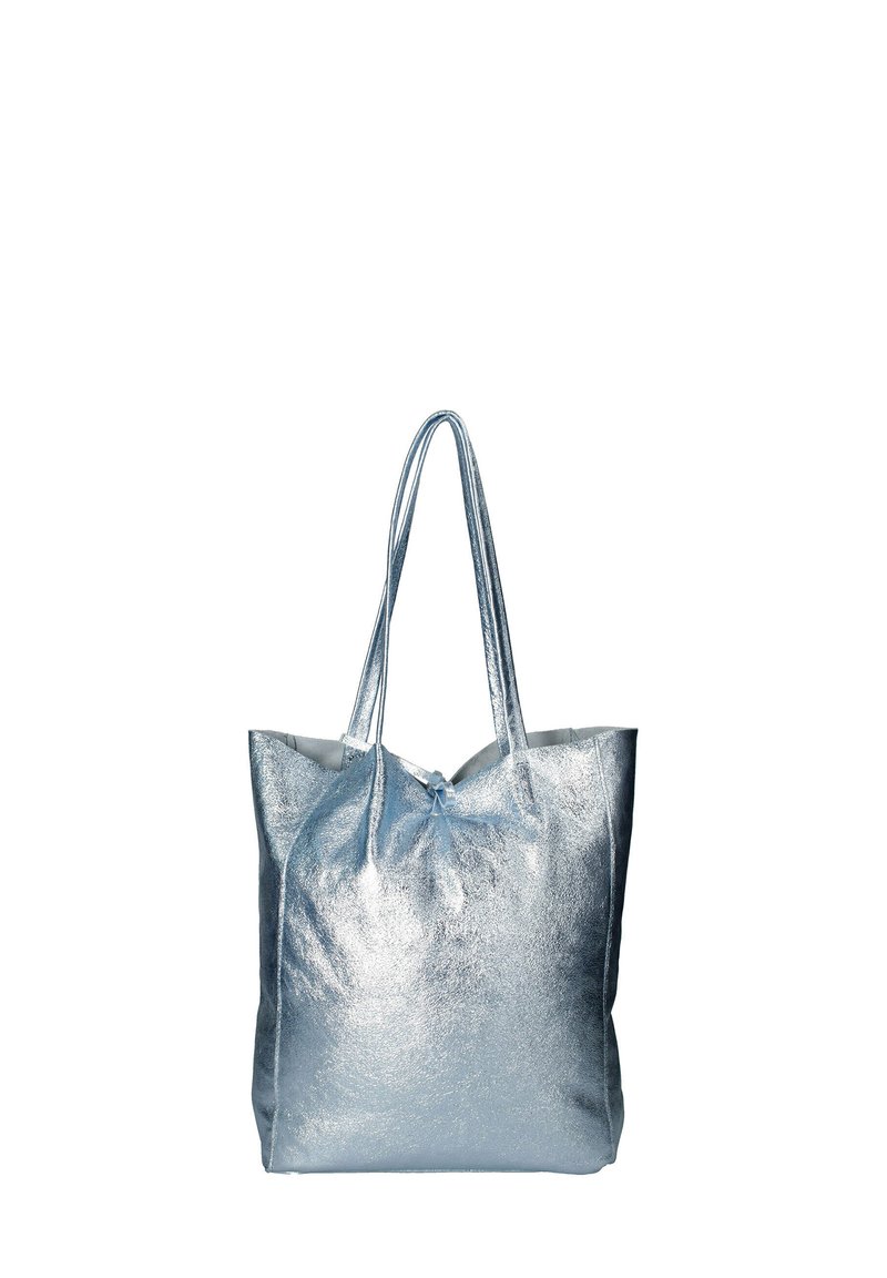 Metallisch blauwe tote bag met twee schouderbanden, een ruime indeling en een gladde, glanzende textuur. Voorzien van een bovenste sluiting.