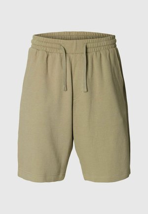 Hele oliivrohelise tekstuuriga kangast lühikesed püksid elastse vöökoha ja nööriga, põlvikud, mõeldud vabaajaks.