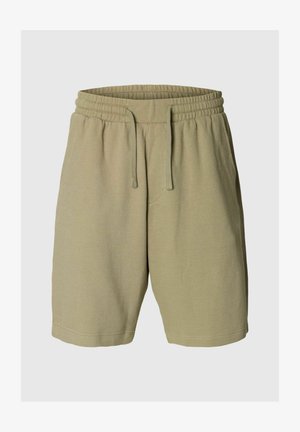 Hele oliivrohelise tekstuuriga kangast lühikesed püksid elastse vöökoha ja nööriga, põlvikud, mõeldud vabaajaks.