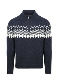 Dunkelblauer Strickpullover mit weißem Zickzack- und Rautenmuster über der Brust und an den oberen Ärmeln, ausgestattet mit einem halb offenen, gerippten Kragen.
