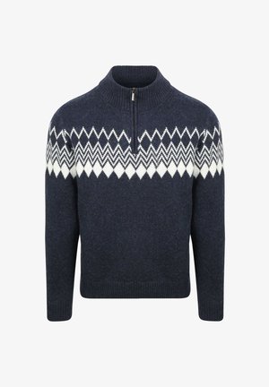 Dunkelblauer Strickpullover mit weißem Zickzack- und Rautenmuster über der Brust und an den oberen Ärmeln, ausgestattet mit einem halb offenen, gerippten Kragen.