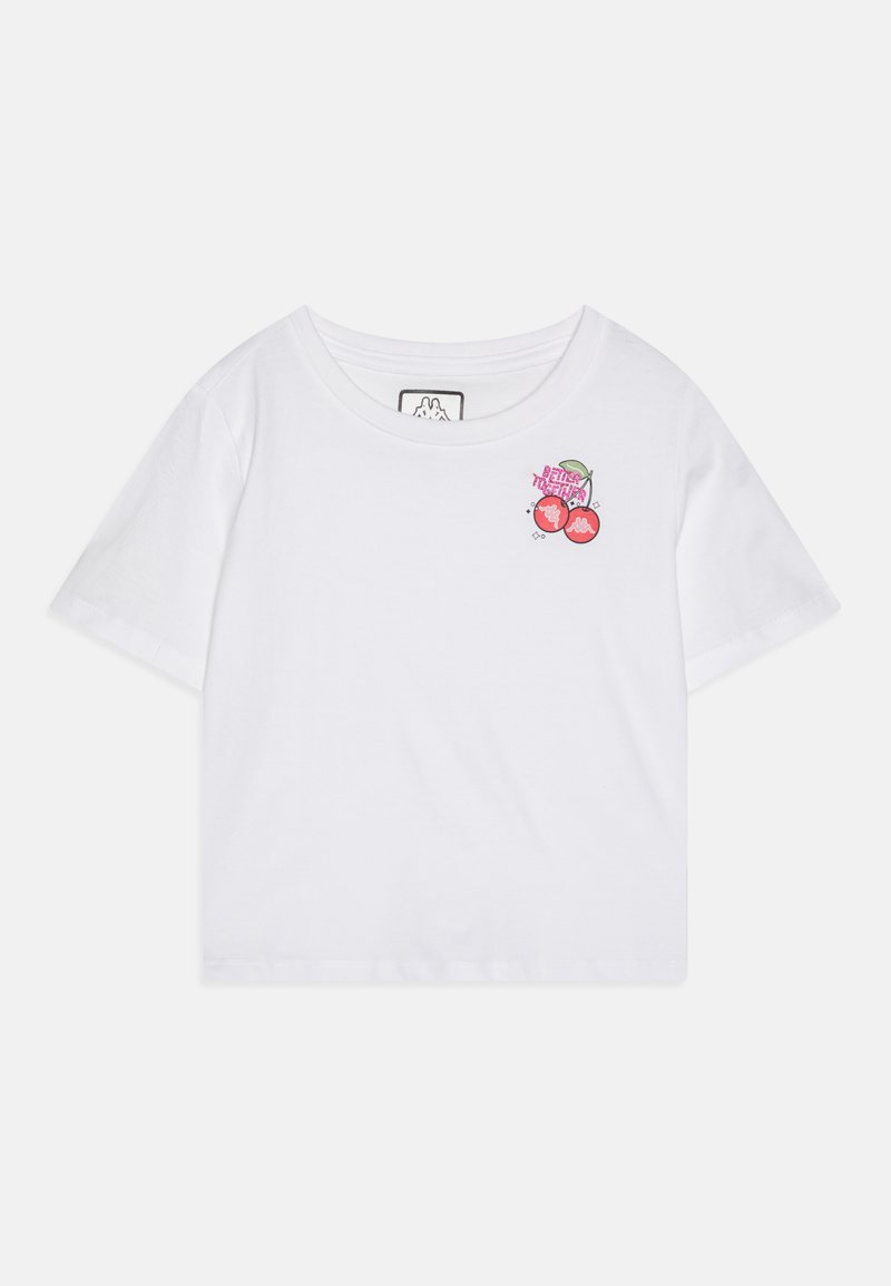 Hvid bomulds t-shirt med rund halsudskæring og korte ærmer. Bemærkelsesværdig pink og grøn kirsebærgrafik på venstre brystområde.