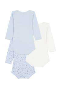 Tre body a manica lunga: uno azzurro chiaro a righe, uno bianco uniforme e uno azzurro chiaro con un motivo a stelle. Tessuto di cotone.