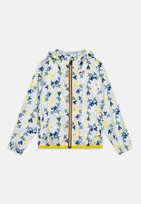 Giacca leggera con cappuccio in materiale trasparente, caratterizzata da un motivo astratto colorato nei toni del giallo, blu e verde. Finiture gialle con una cerniera a contrasto.