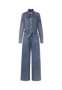 Denim overall met een lichtblauwe kleur, lange mouwen, knoopsluiting aan de voorkant, twee borstzakken en een bijpassende riem. Wijde pijpen.