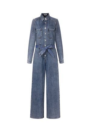 Denim-Overall in einem hellblauen Farbton, mit langen Ärmeln, durchgängigem Knopfverschluss, zwei Brusttaschen und einem passenden Gürtel. Weit geschnitten.