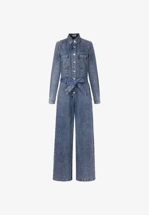 Denim jumpsuit with a light blue hue, long sleeves, button-down front, two chest pockets, and a matching belt. Wide-leg design.