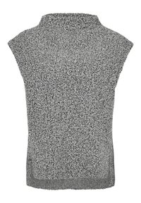 Grå ärmlös stickad väst med ett texturerat, lockigt mönster och en rak nedkant bak.