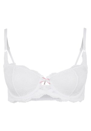 White lace bra with underwire, featuring floral patterns, a pink satin bow at the center, and adjustable straps. Lace trim along the edges.