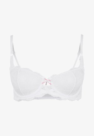 Weißes Spitzen-BH mit Unterdraht, mit floralen Mustern, einer pinken Satinschleife in der Mitte und verstellbaren Trägern. Spitzenbesatz entlang der Kanten.