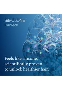 Sili-CLONE HairTech-tekst med gjennomsiktige bobler på blå bakgrunn og melding om silikonlignende formel som gir sunnere hår.