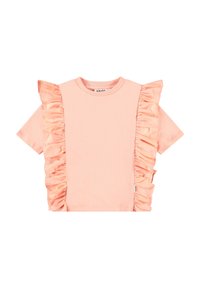 Ljust rosa kortärmad t-shirt med satinfrillar på ena sidan och rund halsringning. Mjuk bomullstyg med avslappnad passform.