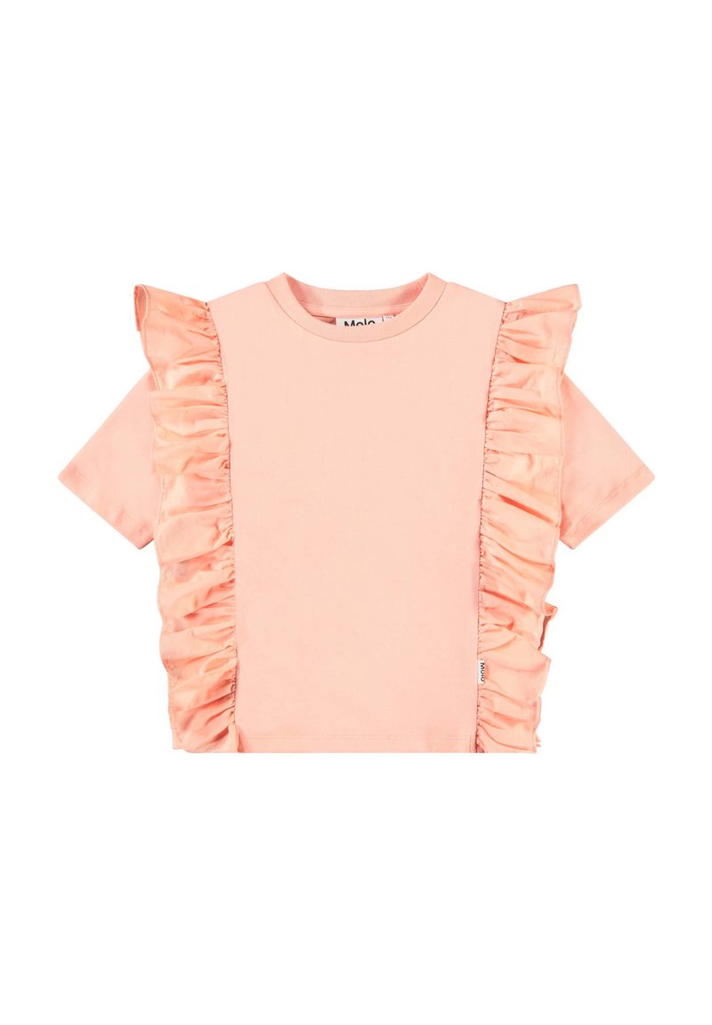 Ljust rosa kortärmad t-shirt med satinfrillar på ena sidan och rund halsringning. Mjuk bomullstyg med avslappnad passform.