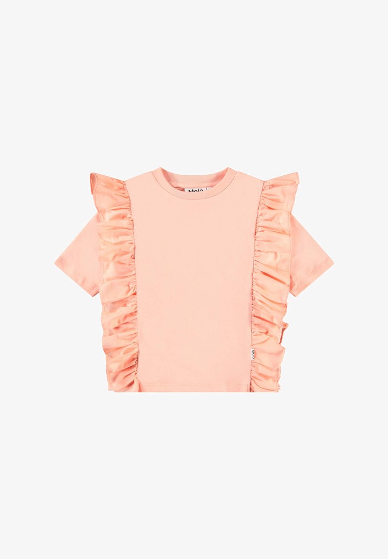 Light pink short-sleeve t-shirt featuring satin frills along one side and a round neckline. Soft cotton fabric with a relaxed fit.