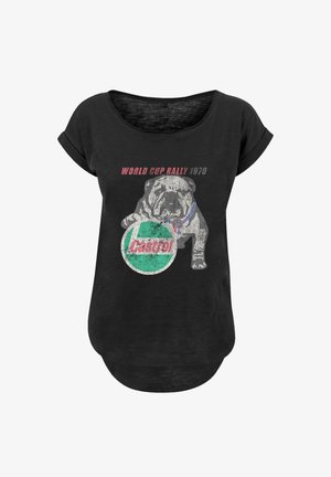 Black, short-sleeve T-shirt featuring a vintage bulldog graphic with a green circle and "Casted!" text, along with "WORLD CUP RALLY 1970."