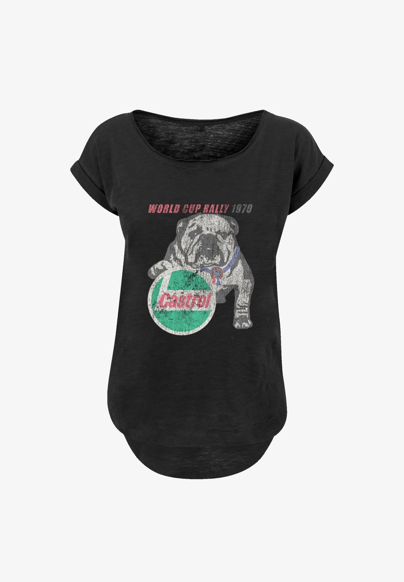Black, short-sleeve T-shirt featuring a vintage bulldog graphic with a green circle and "Casted!" text, along with "WORLD CUP RALLY 1970."