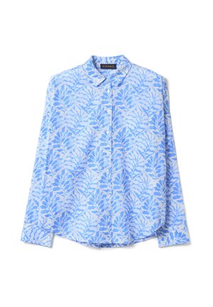 Camicia a maniche lunghe azzurro chiaro con motivo a foglie in varie tonalità di blu, con collo e davanti con bottoni. Tessuto morbido al tatto.
